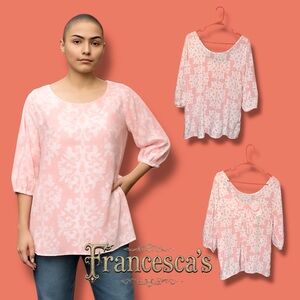 Francesca’s Blue Rain Silky Pink White Medallion Print Bow Boho Blouse Size M